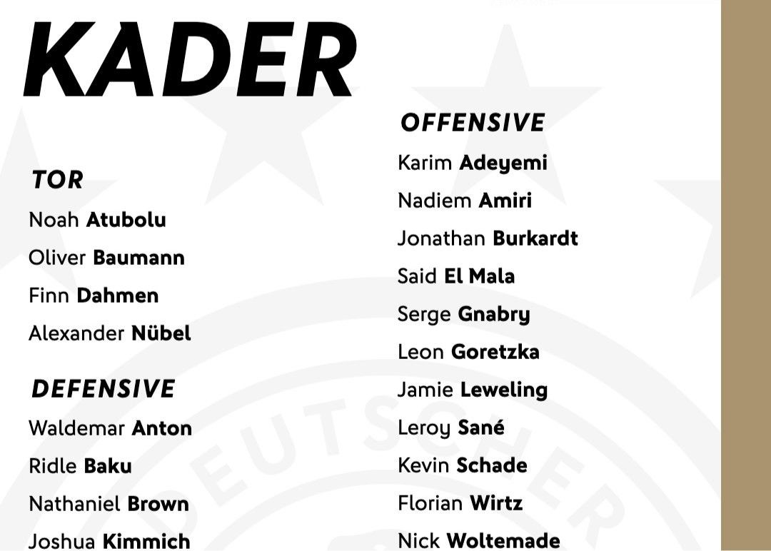 Divulgada a escalação da competição internacional da Alemanha em novembro: Wirtz está na lista e o adolescente Marat é o primeiro a ser selecionado